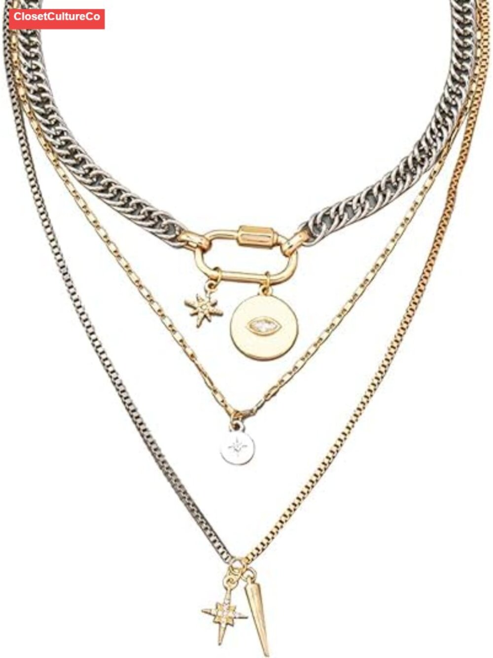 Layered Necklace Set 3PC Chunky Paperclip Coin Pendant Mixed Metal Gift
